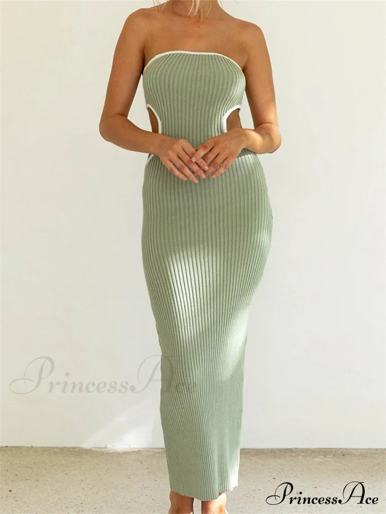 Women Waist Hollow Out Tube Strapless Off Shoulder Contrast Color Ribbed Summer Party Clubwear - Image 7