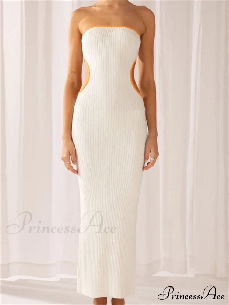 Women Waist Hollow Out Tube Strapless Off Shoulder Contrast Color Ribbed Summer Party Clubwear - Image 9
