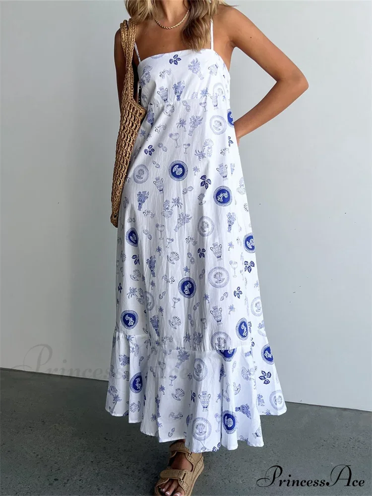 Vintage Women Summer Sleeveless Spaghetti Strap Floral Print Party Loose Casual Square Neck Vestidos
