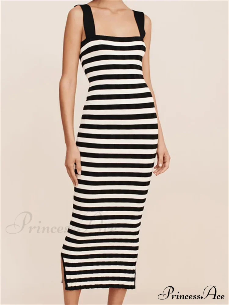 Women Knitted Sleeveless Square Neck Striped Print Beach Tank Side Split Summer Female Vestidos - Image 7