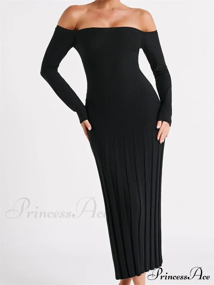 Elegant Women Slash Neck Off-Shoulder Solid Sleeve Backless Party Pleated Slim Vestidos - Image 7