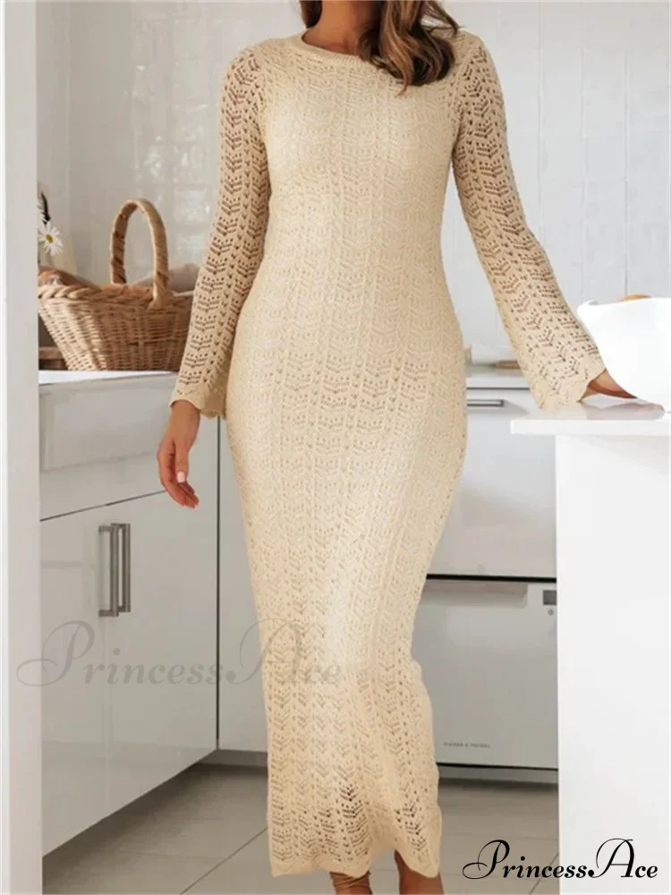 Women Sleeve Round Neck Backless Tie-up Hollow Out Cocktail Spring Autumn Female Vestidos - Image 7