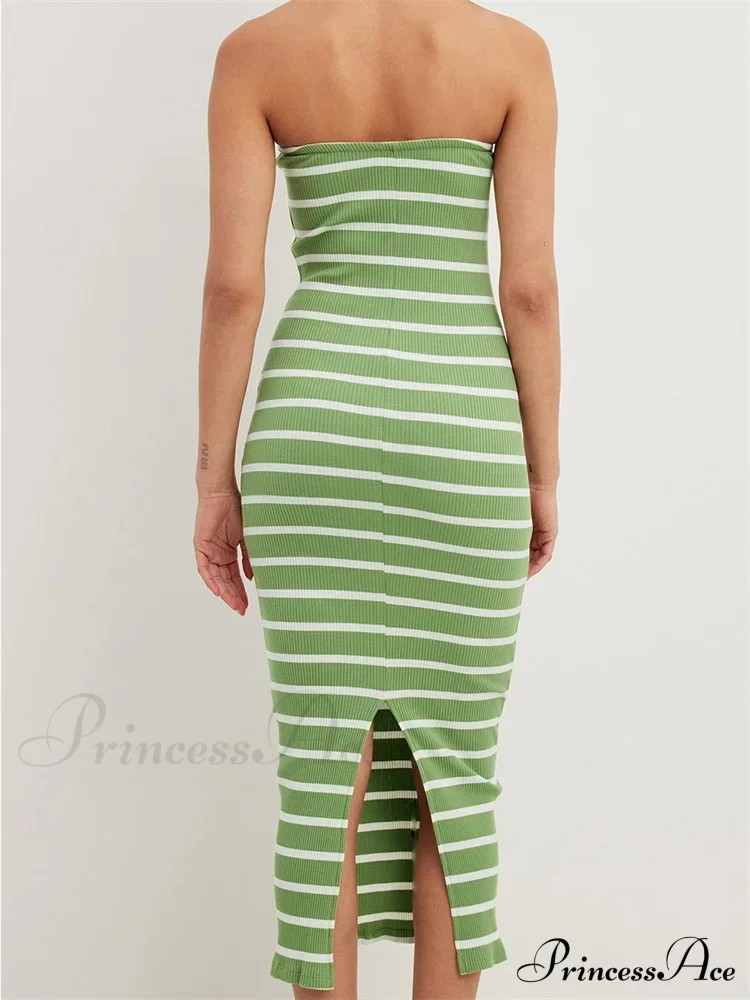 Women Bodycon Striped Strapless Off Shoulder Backless Tube Summer Split Knitted Party Vestidos - Image 2