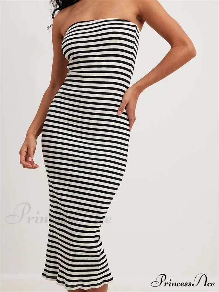Women Bodycon Striped Strapless Off Shoulder Backless Tube Summer Split Knitted Party Vestidos - Image 7