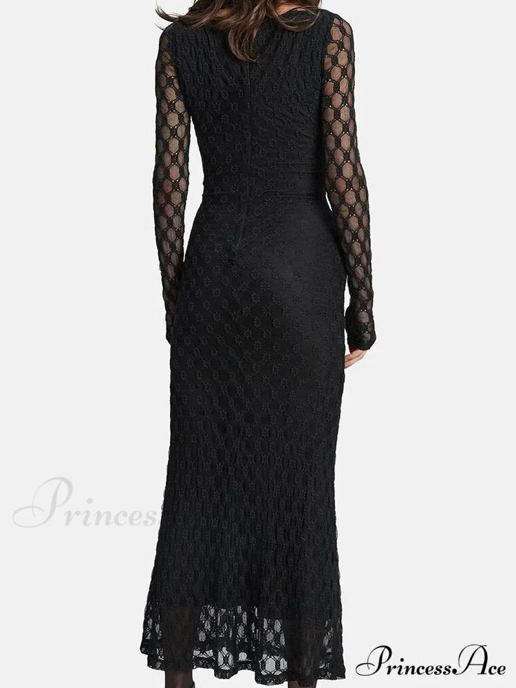Elegant Women Spring Autumn Party See Through Sleeve Square Neck Lace Floral Slim Fit Vestidos - Image 2