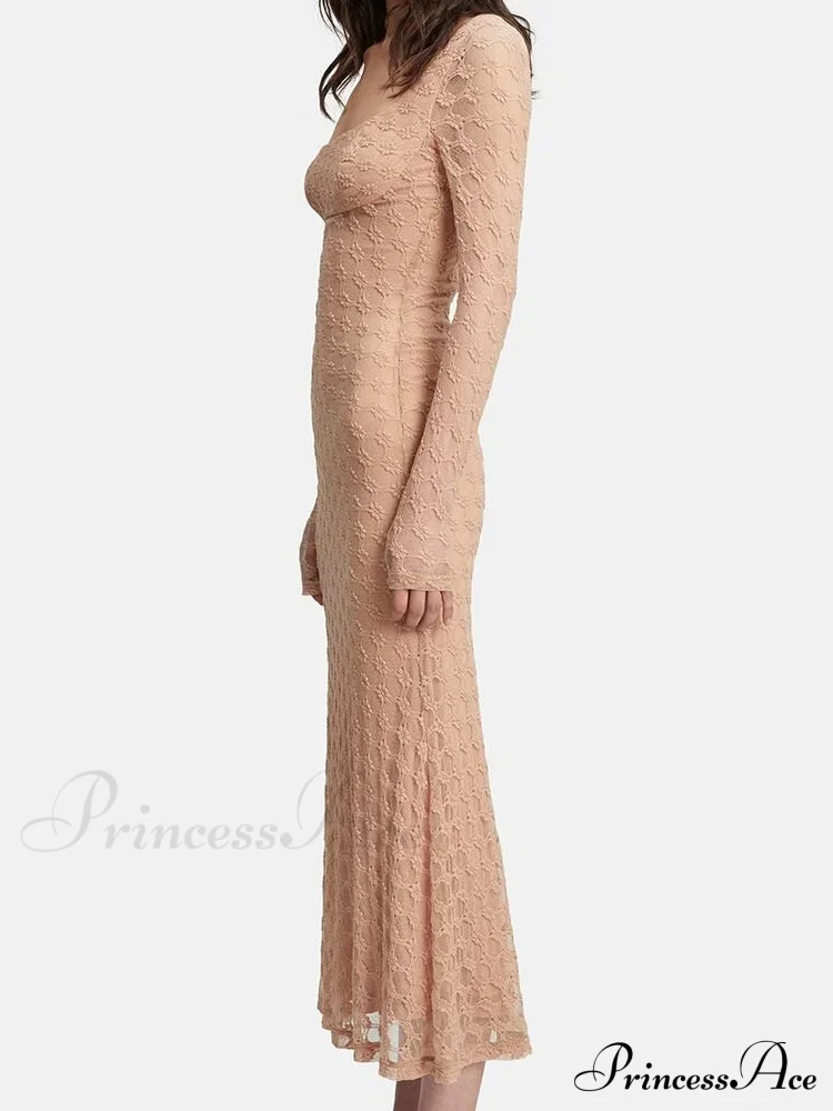 Elegant Women Spring Autumn Party See Through Sleeve Square Neck Lace Floral Slim Fit Vestidos - Image 4