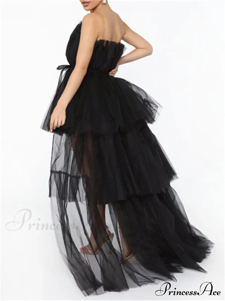 Mesh Sheer Elegant Women Formal Ball Gown Strapless Off Shoulder High Waist Asymmetrical Hem Tulle - Image 4