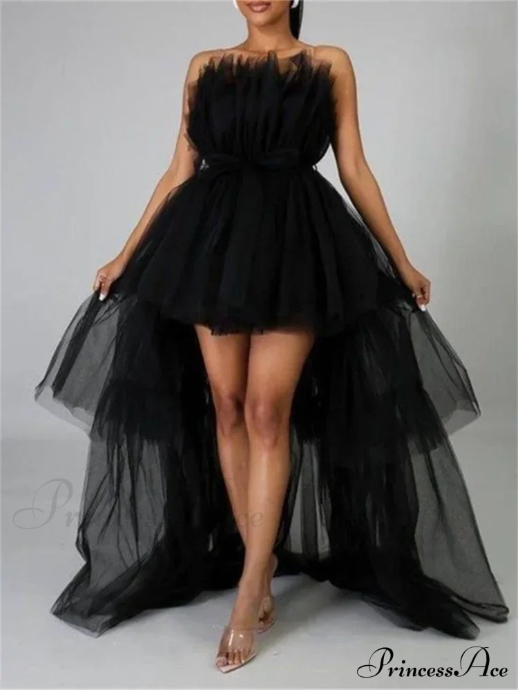 Mesh Sheer Elegant Women Formal Ball Gown Strapless Off Shoulder High Waist Asymmetrical Hem Tulle - Image 7