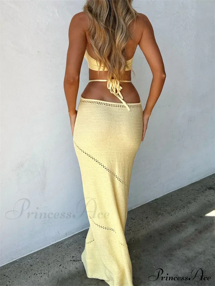 Women Sleeveless Halter Knitted Solid Color Front Cutout Backless Tie-Up Slim Beach Summer Vestidos - Image 3