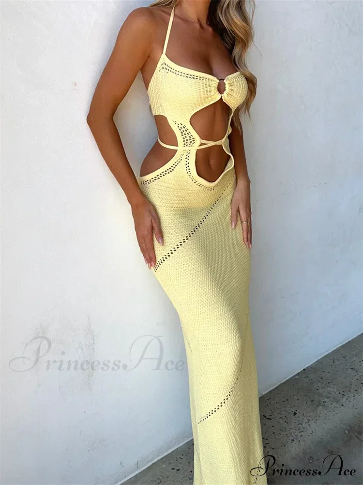 Women Sleeveless Halter Knitted Solid Color Front Cutout Backless Tie-Up Slim Beach Summer Vestidos - Image 6