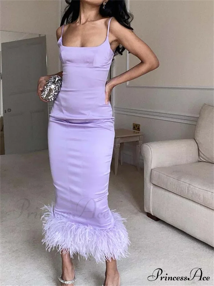 Elegant Sleeveless Strap Summer Party Clubwear Sexy Women Aquare Neck Feather Patchwork Slim Vestido - Image 2