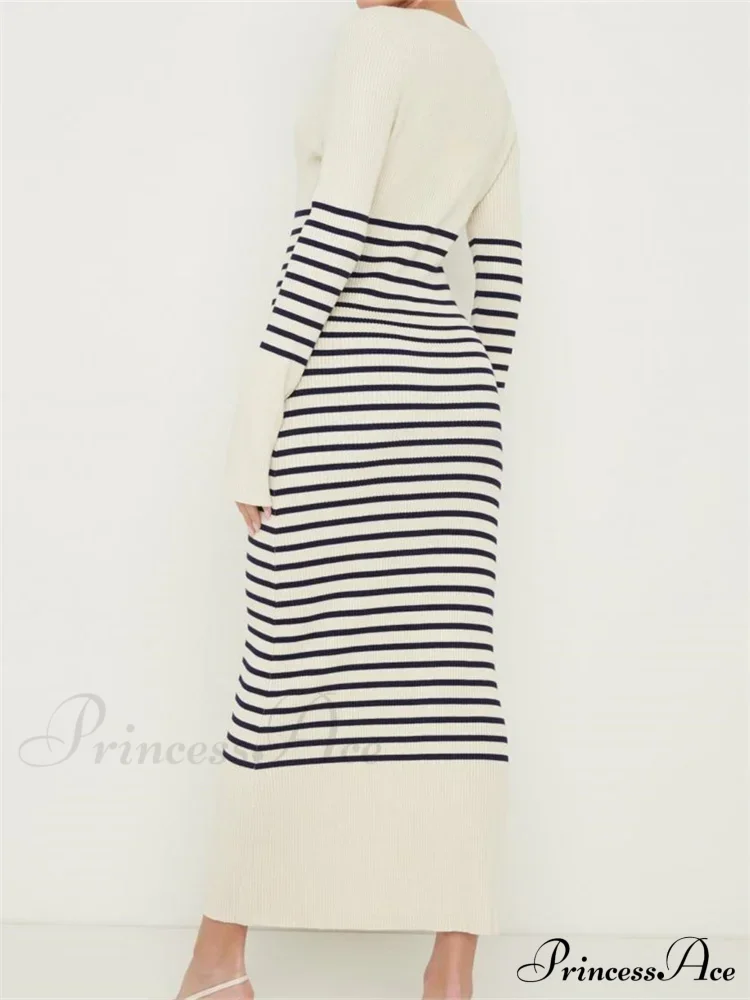 Women Knitted Sleeve Deep V Neck Striped Slim Fit Spring Autumn Female Vestidos Streetwear - Image 2