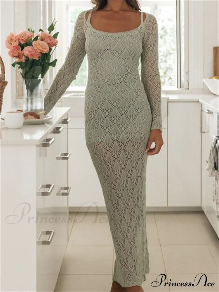 Women Bodycon Lace See Through Hollow Out O-neck Sleeve Back Split Party Female Vestidos - Image 8