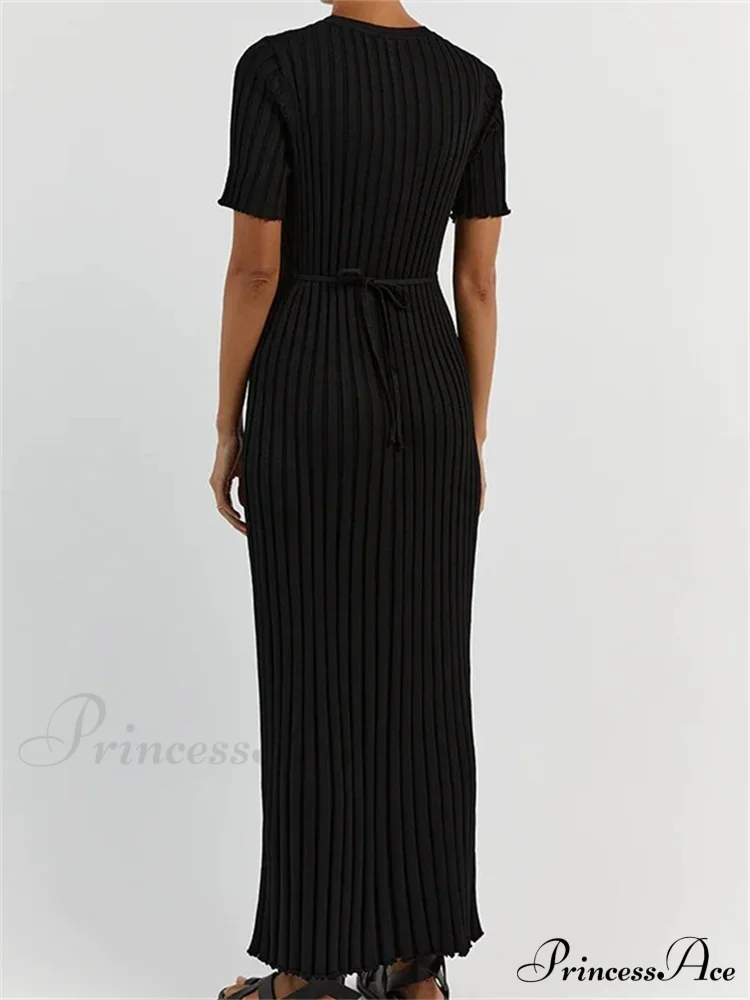 Fashion Women Solid Color Round Neck Short Sleeve Summer Tie-Up Party Ribbed Knitted Female Vestidos - Image 2