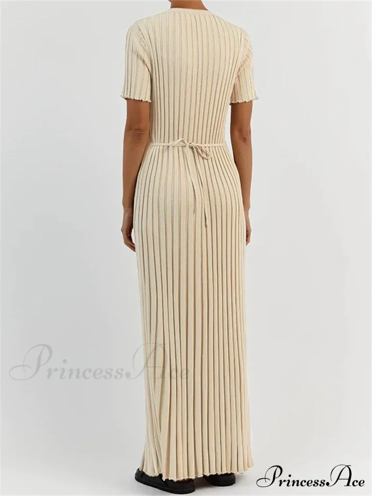 Fashion Women Solid Color Round Neck Short Sleeve Summer Tie-Up Party Ribbed Knitted Female Vestidos - Image 4