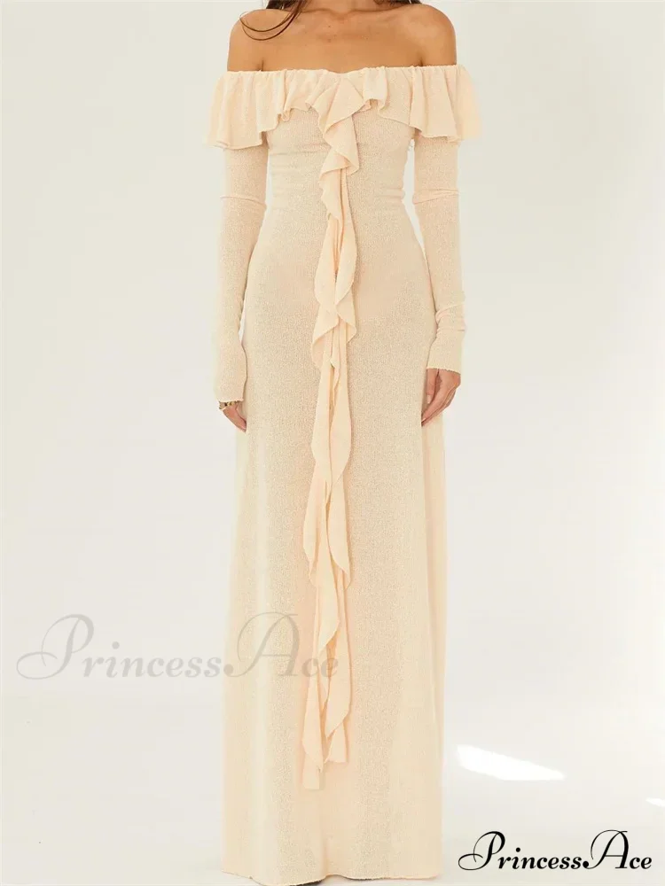 Elegant Women Knitted Evening Solid Sleeve Slash Neck Off Shoulder Ruffles Party Female Vestido - Image 7