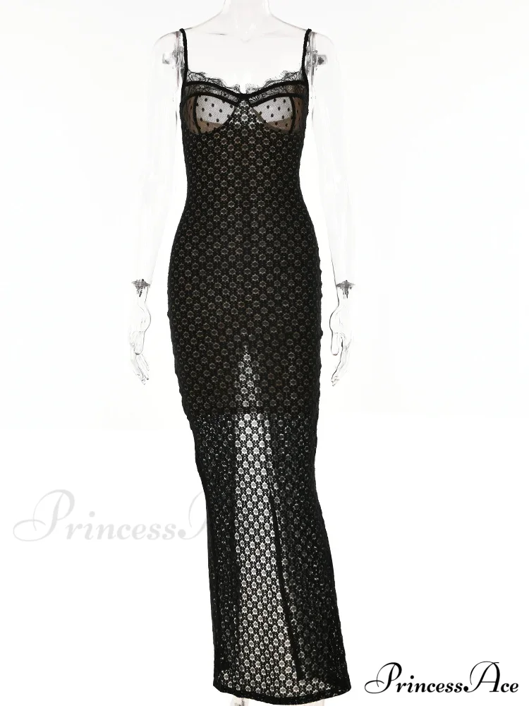 Lace Floral for Women Sexy Sleeveless Strap See Through Evening Cocktail Back Split Black Vestidos - Image 6