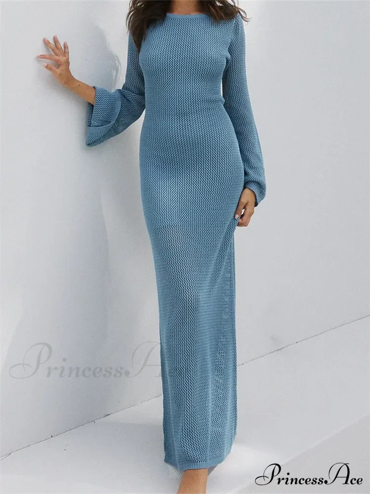 Women Autumn Knitted Solid Sleeve Round Neck Backless Tie-Up Slim Party Beach Female Vestidos - Image 6