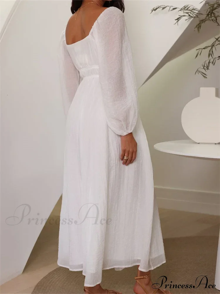 Elegant Women Mesh See Through Lantern Sleeve Deep V-neck Solid White High Waist Party Beach Vestidos - Image 3