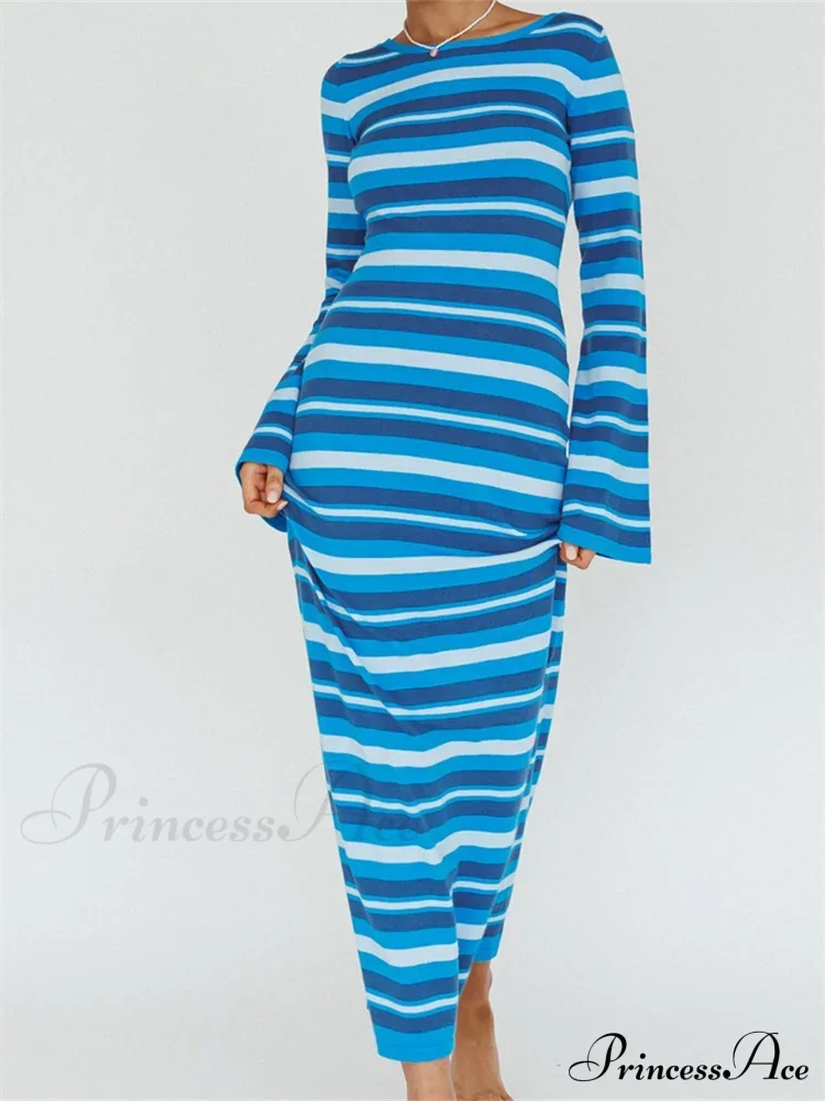 Sexy Women Knitted Sleeve Crew Neck Backless Tie-up Striped Print Slim Fit Spring Fall Vestidos - Image 7