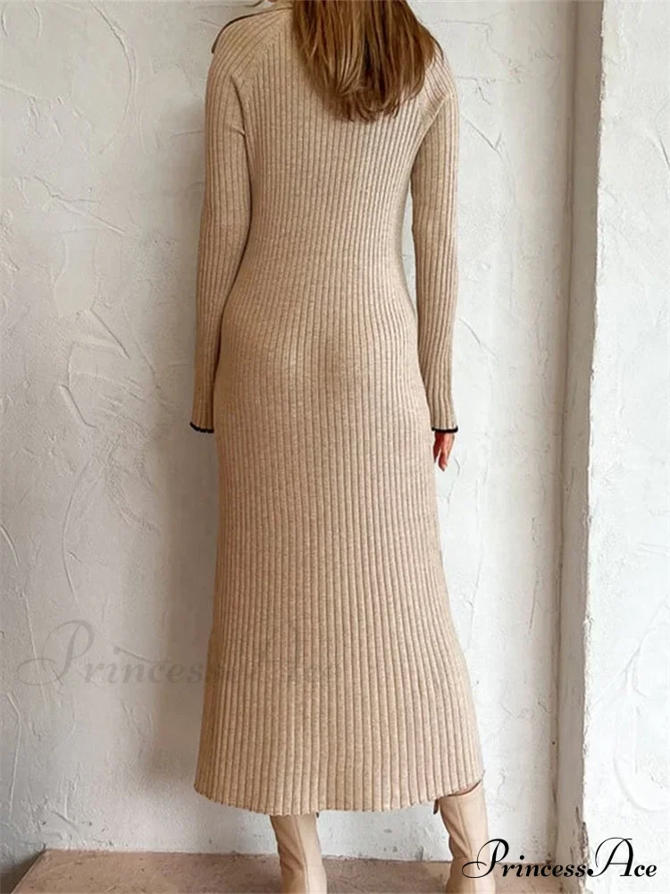 Women Ribbed Knitted Flare Sleeve Lapel Solid Color Party Going Out Female Vestidos Streetwear - Image 4