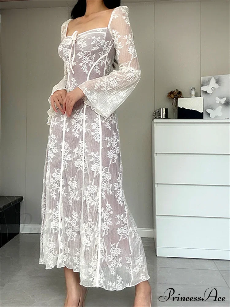 Women Lace Flower Flare Sleeve Square Neck Tie-up Spring Fall Solid Party Female Vestidos - Image 2
