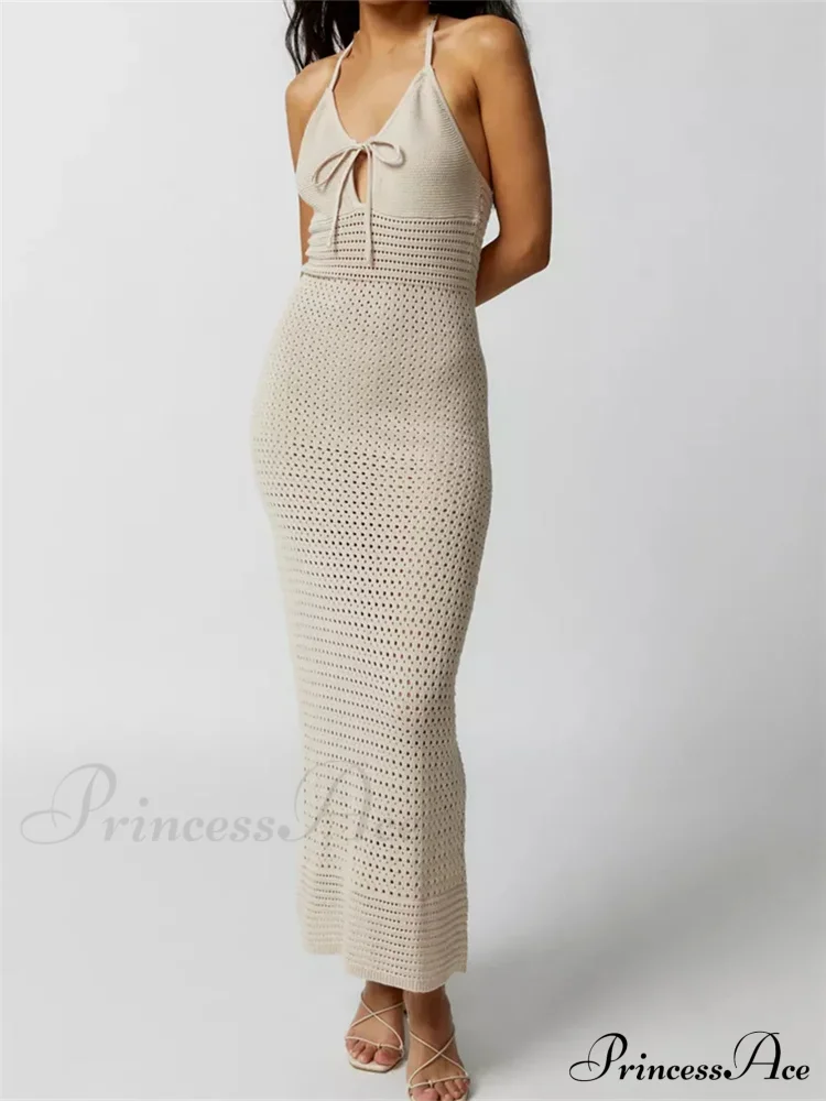 Women Knitted Sleeveless Halter Tie-up Backless Hollow Out Summer Off Shoulder Beach Female Vestidos - Image 5