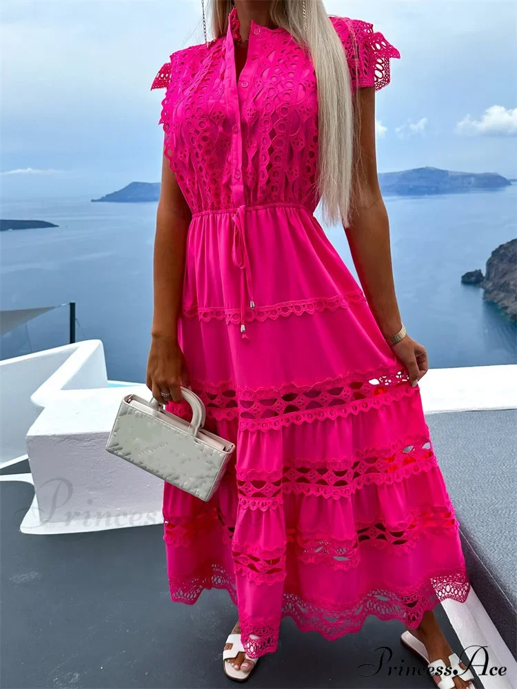 Women Lace Hollow Out Sleeve Front Buttons Up V-Neck Patchwork Loose Party Female Vestidos - Image 3