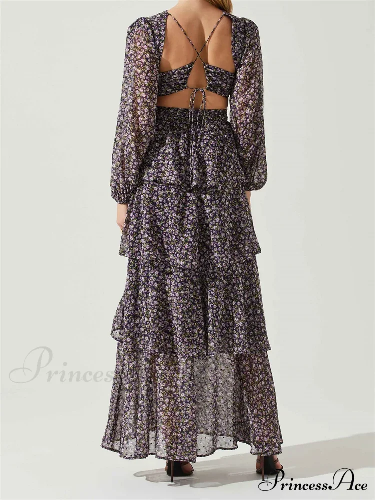 Women High Split Floral Print Puff Sleeve V Neck Layered Ruffles Hem Spring Fall Vestidos - Image 2