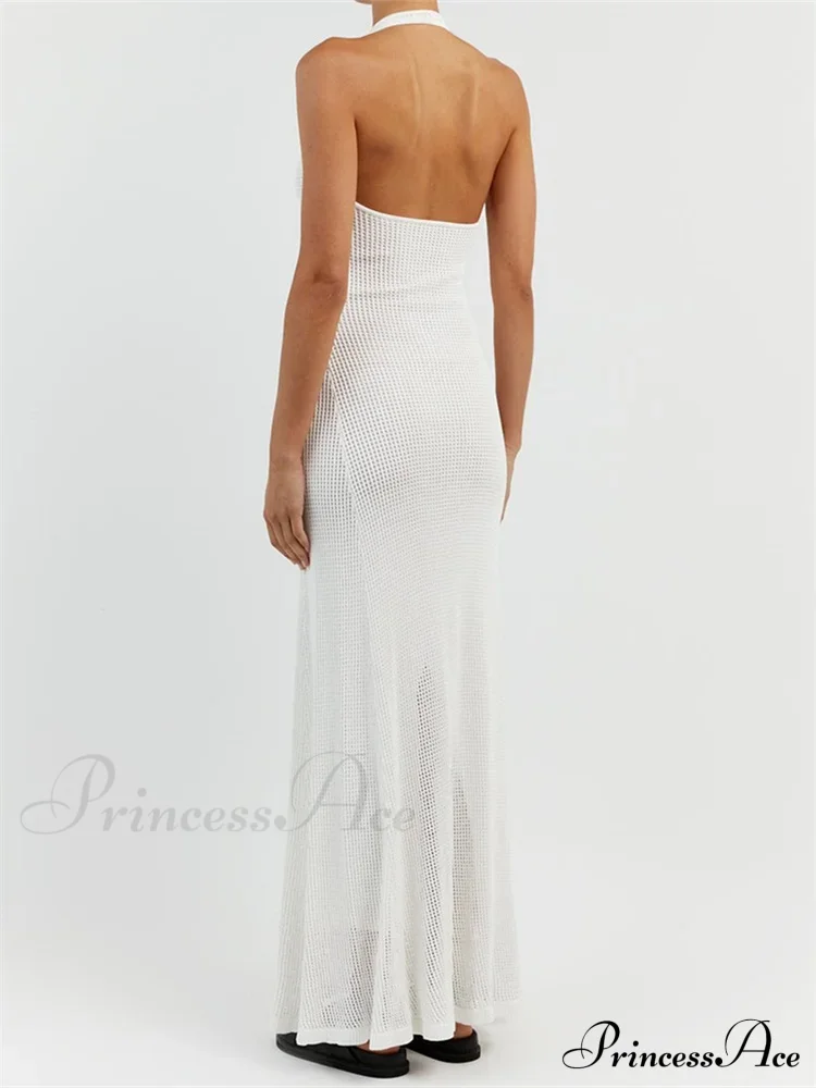Women Bodycon Solid Deep V Neck Halter Sleeveless Backless Knitted Summer Holiday Beach Vestido - Image 2
