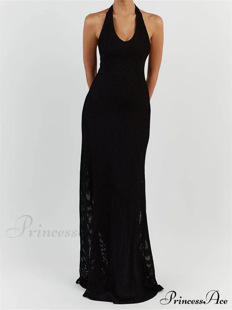 Women Bodycon Solid Deep V Neck Halter Sleeveless Backless Knitted Summer Holiday Beach Vestido - Image 6