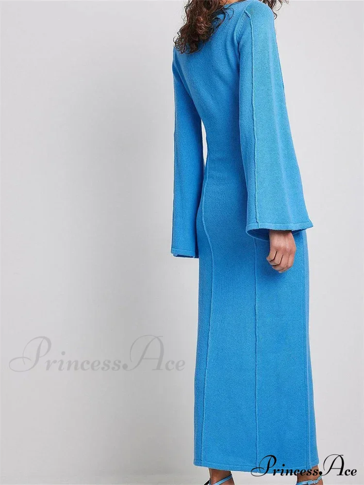 Elegant Women Knitted Patchwork Vintage Flare Sleeve Round Neck Slim Fit Solid Party Vestidos - Image 2