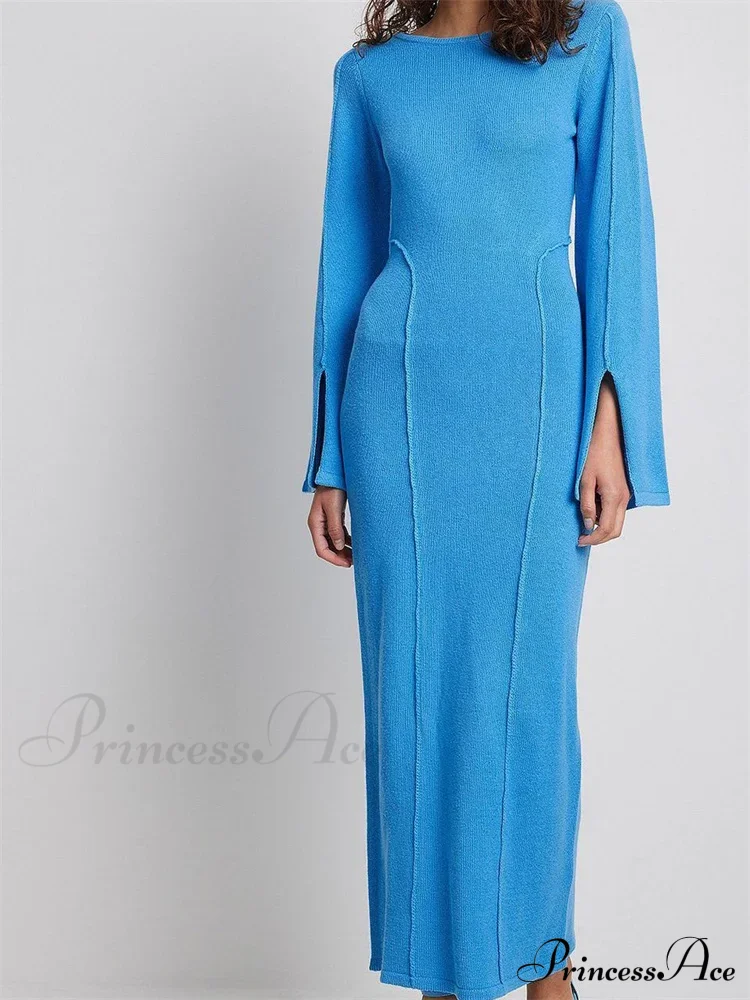Elegant Women Knitted Patchwork Vintage Flare Sleeve Round Neck Slim Fit Solid Party Vestidos - Image 4