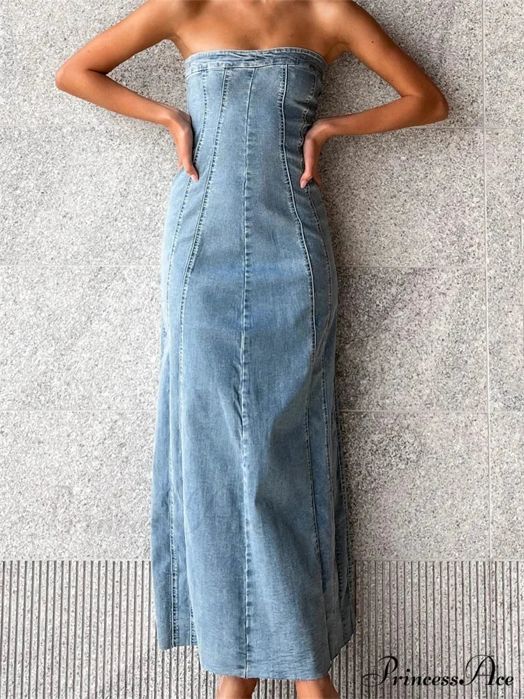 Women Tube Strapless Backless Denim Back Zip Up Summer Side Split Club Party Female Vestidos - Image 2