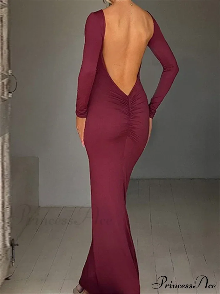Women Sleeve Solid Color Round Neck Backless Ruched Spring Summer Party Female Vestidos - Image 5