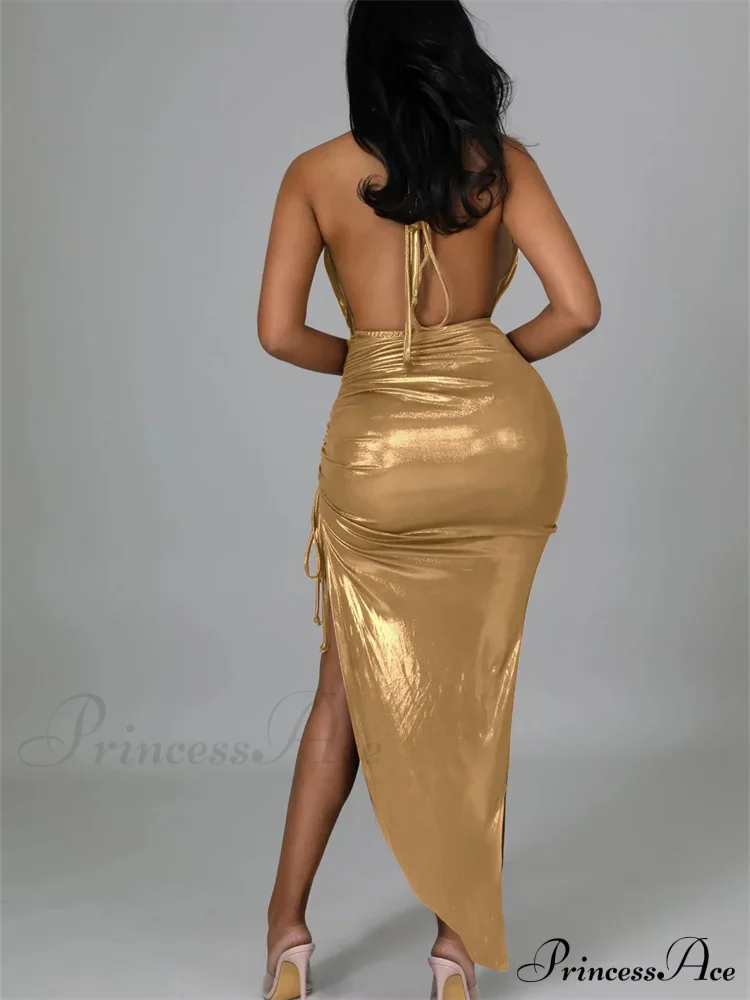 Sexy Women Halter V-neck Off Shoulder Drawstring High Split Backless Tie-Up Wrap Hip Slim - Image 5