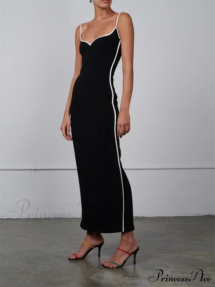 Women Sleeveless Strap Black Patchwork V-neck Low Cut Slim Summer Party Back Split Female Vestidos - Image 2