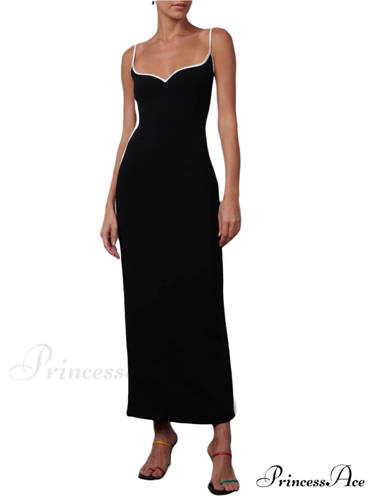 Women Sleeveless Strap Black Patchwork V-neck Low Cut Slim Summer Party Back Split Female Vestidos - Image 5