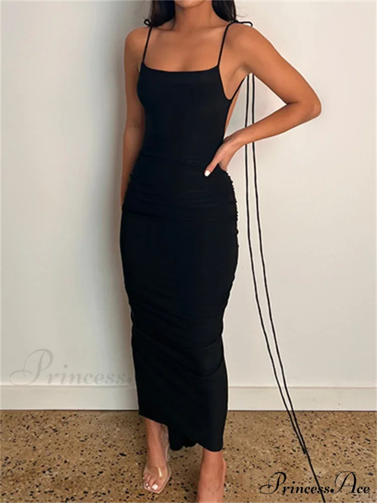 Women Sexy Backless Ruched Adjustable Lace-up Strap Slim Elegant Solid Party Female Vestido Clubwear - Image 6