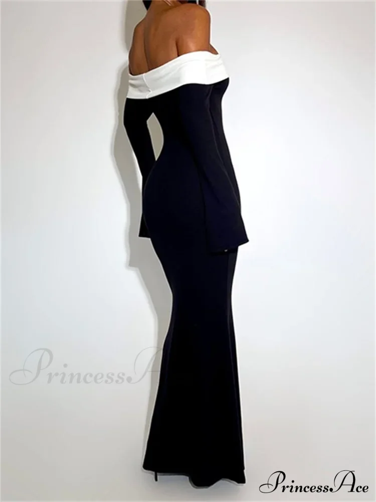 Sexy Women Slash Neck Off Shoulder Sleeve Contrast Color Slim Fit Party Formal Female Vestidos - Image 3
