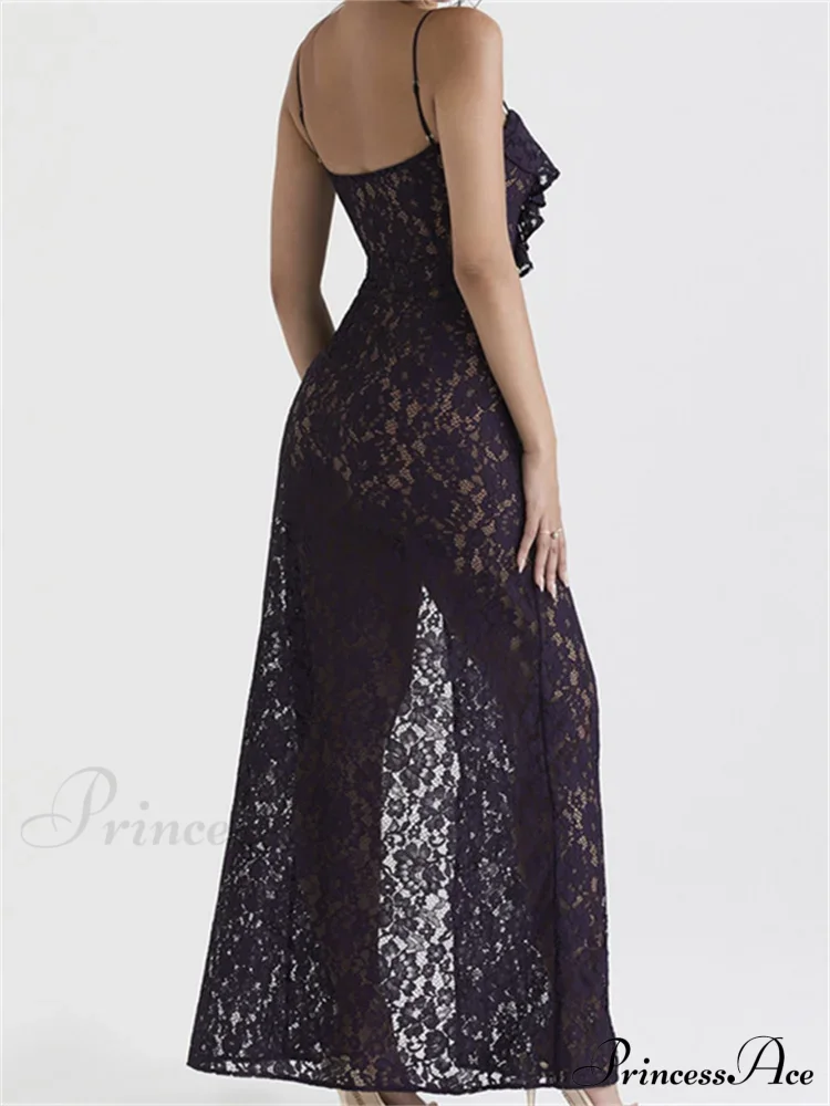 Lace Floral See Through for Women Sexy Sleeveless Strap V-neck Ruffles Patchwork High Split Vestidos - Image 4