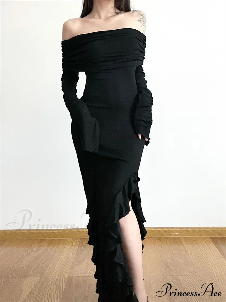 Elegant Women Slash Neck Off Shoulder Flare Sleeve Party Irregular Hem Ruffles Female Vestidos - Image 4