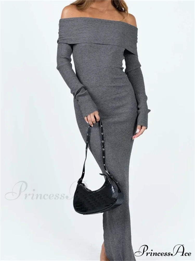 Women Slash Neck Off Shoulder Solid Back Split Hem Casual Sleeve Party Club Vestidos Streetwear - Image 7