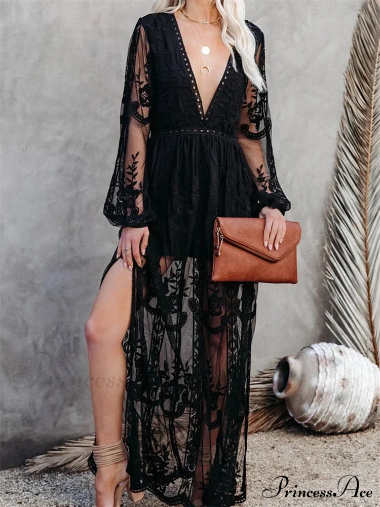 Lace Floral Mesh See Through Summer Deep V-neck Lantern Sleeve Beach Female Vestidos - Image 7
