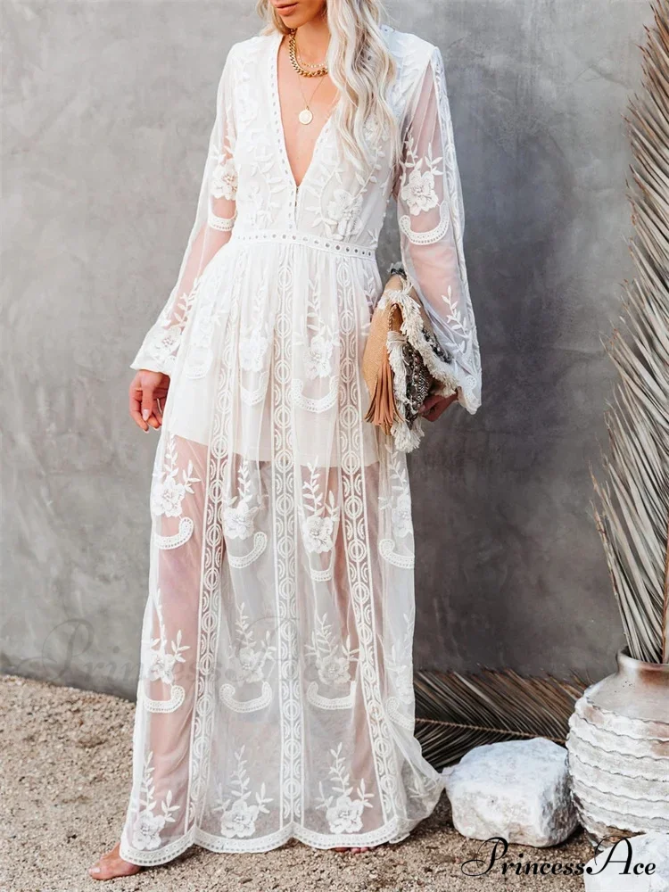 Lace Floral Mesh See Through Summer Deep V-neck Lantern Sleeve Beach Female Vestidos - Image 8