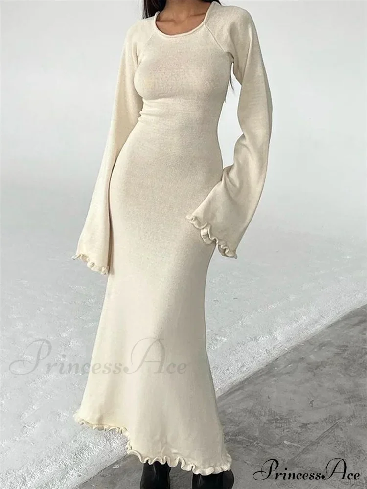 Women Knitted Flare Sleeve Backless Tie-up Round Neck Solid Color Ruffles Hem Beachwear Vestido