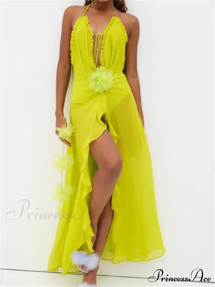 Sexy Women Summer Beach Sleeveless Halter Tie-up Backless See-through Flower Split Ruffles Vestidos - Image 5
