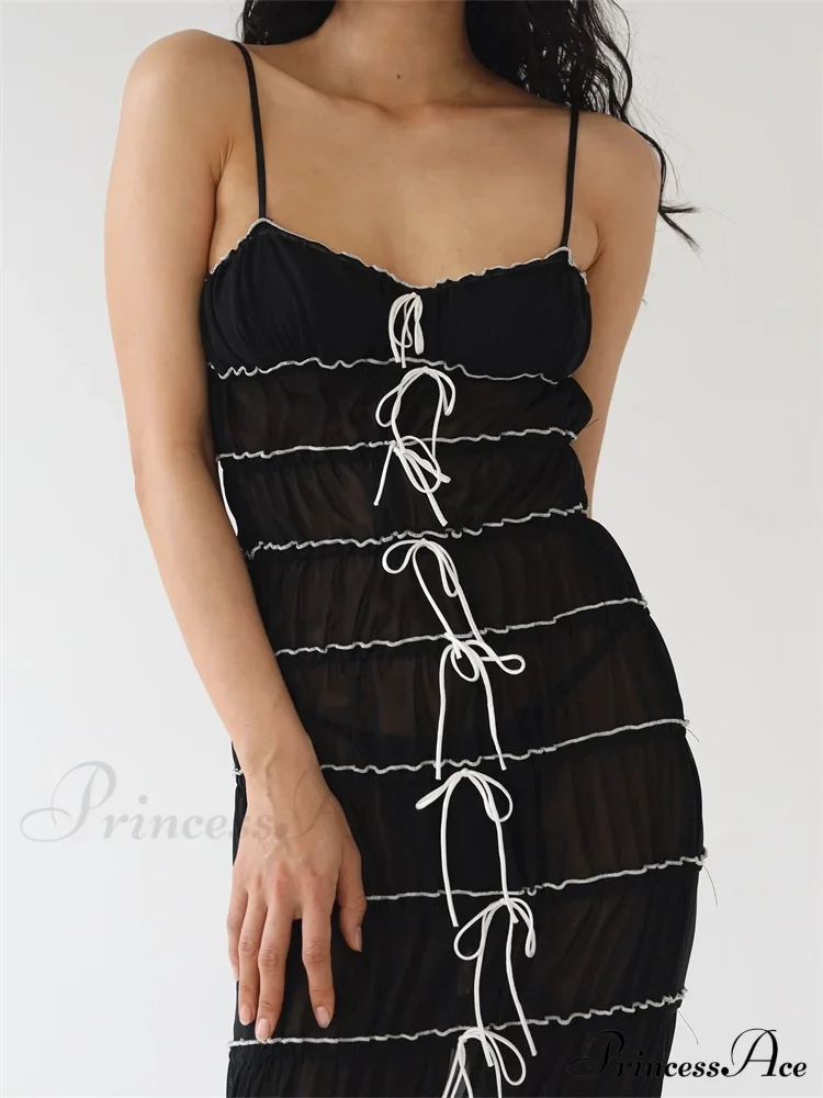 Sexy Women Sleeveless Casual Sling Spaghetti Strap See Through Tie-up Sexy Y2K Party Vestidos - Image 3