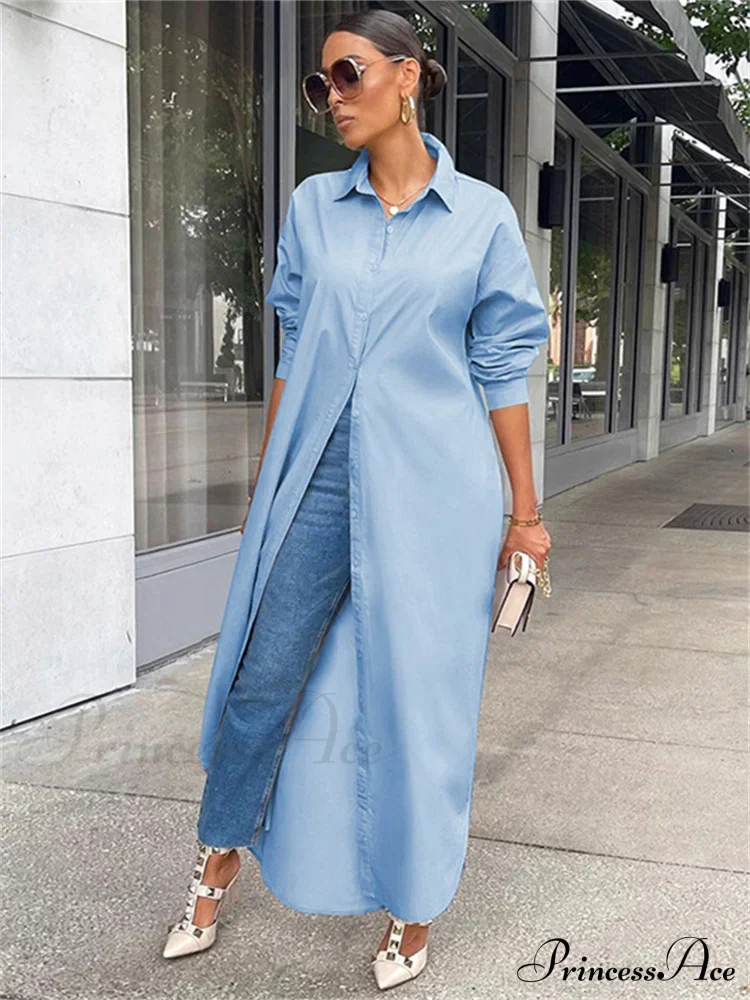Women Loose Casual Kaftan Shirts Solid Sleeve Lapel Single-breasted Female Vestidos - Image 3