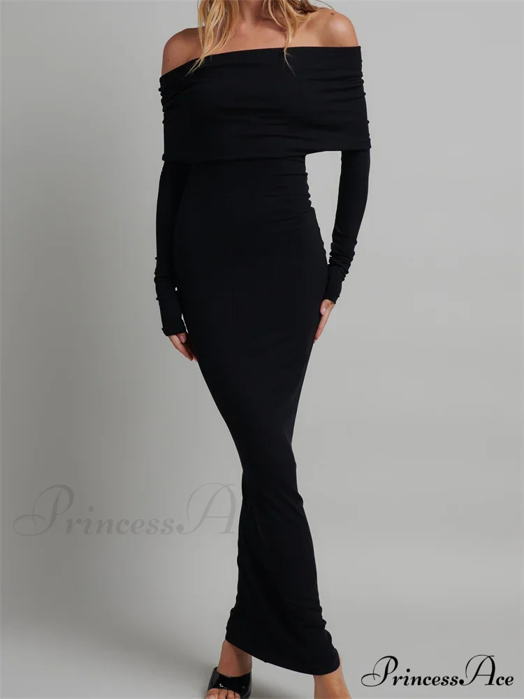 Women Slash Neck Off Shoulder Party Formal Spring Autumn Sleeve Slim Solid Female Vestidos - Image 5